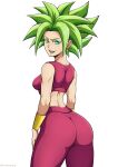  absurdres armlet crop_top dragon_ball dragon_ball_super earrings green_eyes green_hair highres jewelry kefla_(dragon_ball) mistowing muscular muscular_female pants potara_earrings saiyan simple_background spiked_hair super_saiyan white_background 