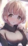  1girl black_sweater blush breasts brown_hair chestnut_mouth coffee_upa dot_nose hand_up highres idolmaster idolmaster_shiny_colors idolmaster_shiny_colors_song_for_prism ikuta_haruki indoors long_sleeves looking_at_viewer medium_breasts short_hair solo sweatdrop sweater turtleneck turtleneck_sweater upper_body window yellow_eyes 