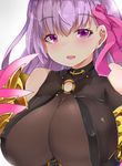  blush bow breasts cleavage eyebrows_visible_through_hair fate/extra fate/extra_ccc fate_(series) hair_bow highres huge_breasts long_hair looking_at_viewer parted_lips passion_lip pink_bow purple_eyes purple_hair rai_(sakuranbo_sugar) smile solo upper_body 