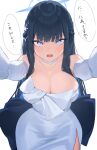 1girl black_hair blue_archive blue_eyes blue_hair blue_halo blush breasts choker cleavage collarbone colored_inner_hair cowboy_shot dress earrings elbow_gloves gloves halo highres jewelry koyo_akio large_breasts long_hair looking_at_viewer multicolored_hair official_alternate_costume open_mouth saori_(blue_archive) saori_(dress)_(blue_archive) simple_background solo speech_bubble strapless strapless_dress translation_request white_background white_choker white_dress white_gloves 