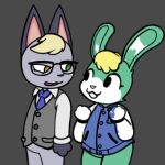 2023 3_fingers animal_crossing anthro black_eyes blonde_hair blue_body blue_fur bottomless bottomless_male buckteeth clothed clothing duo fingers fist fur green_eyes grey_body grey_fur hair heterochromia jacket looking_at_another male necktie nintendo oofxd raymond_(animal_crossing) sasha_(animal_crossing) teeth topwear vest yellow_eyes