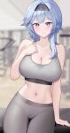  1girl absurdres alternate_costume arm_support black_hairband blue_hair blurry blurry_background blush breasts cameltoe cleavage closed_mouth collarbone cowboy_shot eula_(genshin_impact) genshin_impact grey_sports_bra gym hairband hand_on_own_chest highres large_breasts looking_at_viewer navel pants purple_eyes solo sports_bra stomach straight-on sweat uka_(315302627) yoga_pants 