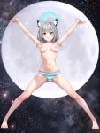  1girl absurdres animal_ear_fluff animal_ears aqua_panties armpits arms_up barefoot blue_archive blue_halo bow bow_panties breasts clip_studio_paint_(medium) commentary_request cross cross_hair_ornament extra_ears feet full_body full_moon grey_hair hair_ornament halo highres inverted_cross legs_apart long_hair medium_breasts mismatched_pupils momisan moon navel nipples outstretched_arms panties parted_lips shiroko_(blue_archive) sky solo spread_arms star_(sky) starry_sky straight-on striped_clothes striped_panties toes underwear underwear_only variant_set white_panties wolf_ears 
