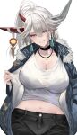  1girl absurdres asymmetrical_horns azur_lane breasts chiyu1182 choker commission contemporary denim earrings fur_trim grey_hair hair_between_eyes hair_on_horn hakuryuu_(azur_lane) highres holding horns huge_breasts jacket jeans jewelry long_hair looking_at_viewer mismatched_horns mole mole_on_breast necklace open_clothes open_jacket pants red_horns shirt solo stomach white_eyes white_hair white_horns white_shirt 