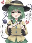  1girl :d absurdres black_headwear blood blood_on_hands blood_on_knife blush bow buttons commentary cowboy_shot diamond_button frilled_shirt_collar frilled_sleeves frills green_eyes green_hair hair_between_eyes half-closed_eyes hands_up hat hat_bow heart heart_of_string highres holding holding_knife index_finger_raised knife komeiji_koishi long_sleeves looking_at_viewer open_mouth shaded_face shirt short_hair simple_background smile solo speech_bubble straight-on third_eye touhou translated tsurime white_background wide_sleeves yandere yellow_bow yellow_shirt youmu-kun 