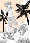  1girl 3others :3 absurdres artist_request ass beach brown_background cloud collared_shirt day denim full_body furret grass greyscale_with_colored_background haru_(pokemon) hawaiian_shirt highres jeans jumping long_hair looking_at_another looking_back monochrome motion_lines multiple_others open_mouth palm_tree pants pokemon pokemon_(creature) pokemon_concierge ponytail psyduck rattata running sandals scared shirt short_sleeves simple_background squatting sweat teeth tree upper_teeth_only wakitani_wit8 