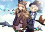  2girls :o animal animal_ear_fluff animal_ears bird black_headwear black_jacket black_vest blue_eyes blue_sky blurry blurry_background blurry_foreground breasts brown_gloves brown_hair brown_headwear brown_jacket brown_shorts brown_socks cleavage cloud collared_shirt commentary_request commission crop_top day depth_of_field ears_through_headwear feet_out_of_frame fur-trimmed_shorts fur_trim gloves goggles goggles_on_head green_shirt grey_eyes grin hair_between_eyes hat jacket kou_hiyoyo lilya_(reverse:1999) long_hair long_sleeves medium_breasts midriff multiple_girls navel open_clothes open_jacket outdoors parted_bangs parted_lips puffy_long_sleeves puffy_sleeves purple_jacket reverse:1999 shirt shorts skeb_commission sky smile socks star_(symbol) top_hat vertin_(reverse:1999) very_long_hair vest white_shirt 