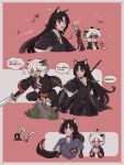  +_+ 1boy 1girl animal_ears arknights black_hair black_jacket black_kimono blue_kimono border bowl brown_eyes chopsticks dog_ears dog_girl eating falling_leaves green_eyes hakama hakama_skirt hand_up highres holding holding_behind_back holding_bowl holding_chopsticks holding_polearm holding_sword holding_weapon infection_monitor_(arknights) jacket japanese_clothes kimono leaf long_hair long_sleeves luo_xiaohei luo_xiaohei_zhanji multiple_views open_clothes open_jacket parted_bangs pink_background polearm saga_(arknights) saga_(there_they_be)_(arknights) shirt short_hair short_sleeves sirakaro skirt sword weapon white_border white_hair white_shirt 