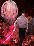  1boy 1other black_hair blue_eyes highres holding holding_sword holding_weapon jujutsu_kaisen katana monster okkotsu_yuuta orimoto_rika shikigami shirt sword ukaniko weapon white_shirt 