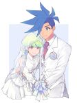 2boys androgynous artist_name bare_shoulders blue_eyes blue_hair blush bridal_veil bride brooch collared_shirt commentary cropped_legs crossdressing dress eyes_visible_through_hair flower flower_brooch galo_thymos green_hair groom hair_flower hair_ornament hand_on_another&#039;s_waist highres holding holding_sword holding_weapon implied_yaoi jewelry kome_1022 light_smile lio_fotia long_sleeves looking_at_viewer looking_down male_focus mohawk multicolored_eyes multiple_boys orange_eyes otoko_no_ko pink_eyes promare puffy_sleeves shirt short_hair simple_background smile spiked_hair suit sword veil weapon white_background white_dress white_suit 