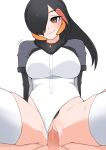 1boy 1girl absurdres black_hair black_pubic_hair blush breasts brown_hair closed_mouth clothing_aside commentary_request cowboy_shot cowgirl_position emperor_penguin_(kemono_friends) female_pubic_hair girl_on_top grey_jacket hair_between_eyes hair_over_one_eye hetero highres illu_(illu_stratos) jacket kemono_friends large_breasts long_bangs long_hair looking_at_viewer one-piece_swimsuit penis pov pov_crotch pubic_hair pussy sex shrug_(clothing) simple_background smile solo_focus straddling swimsuit swimsuit_aside thighhighs uncensored vaginal white_background white_one-piece_swimsuit white_thighhighs 