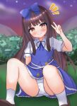  1girl blue_bow blue_dress blue_ribbon blunt_bangs blurry blurry_background blush bow brown_eyes brown_hair closed_mouth commentary_request dress fairy_wings feet_out_of_frame flat_chest frilled_shirt_collar frills furrowed_brow hair_bow hand_up highres kasoka_soka knees_up long_hair looking_at_viewer night night_sky outdoors panties puffy_short_sleeves puffy_sleeves raised_eyebrows ribbon short_sleeves sitting sky smile solo star_(sky) star_(symbol) star_print star_sapphire touhou twilight underwear v very_long_hair white_panties wings 