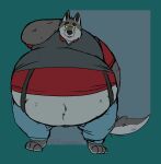 anthro belly big_belly canid canine canis clothed clothing eyewear fur glasses grey_body grey_fur hand_behind_head hi_res kyreden male mammal navel obese obese_anthro obese_male open_mouth open_smile overweight overweight_anthro overweight_male smile solo standing suspenders topwear vest wide_hips wolf
