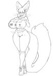 2024 animal_humanoid areola_outline bedroom_eyes big_breasts big_ears black_and_white blush bodily_fluids bottomwear breasts camel_toe canid canid_humanoid canine canine_humanoid cleavage clothed clothing female fluffy fluffy_tail footwear fox_ears fox_humanoid fox_tail greyscale hair hi_res high_heeled_shoes high_heels huge_breasts humanoid jogging_pants long_tail looking_at_viewer mammal mammal_humanoid monochrome narrowed_eyes pants seductive shoes solo standing sweat tail text text_on_clothing text_on_topwear thevarking tongue tongue_out topwear