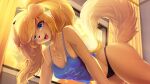 16:9 anthro black_nose blonde_hair blue_eyes breasts canid canine canis clothed clothing cute_fangs digital_media_(artwork) domestic_dog eipril eyebrow_through_hair eyebrows eyelashes female floppy_ears fur hair hi_res inside leaf_(eipril) long_hair mammal panties shirt simple_background solo star tan_body tan_fur tank_top topwear translucent translucent_hair underwear widescreen window