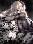  1girl arm_tattoo bandaged_arm bandages blonde_hair breasts cleavage covered_mouth facial_mark green_eyes highres horns large_breasts leotard liang_xing looking_at_viewer multicolored_hair original streaked_hair tattoo tiger whisker_markings white_hair white_tiger 