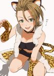  :d animal_ears animal_print breasts brown_hair cat_ears claw_pose cleavage collar daifukumochi_(qquuiieett) earrings elbow_gloves fang fingerless_gloves fur_trim gloves green_eyes highres idolmaster idolmaster_cinderella_girls jewelry kimura_natsuki medium_breasts open_mouth print_gloves simple_background skirt smile solo tail v-shaped_eyebrows 