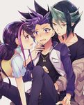  1girl 2boys black_hair gold_eyes green_hair kurosaki_ruri kurosaki_shun long_hair multicolored_hair multiple_boys purple_eyes shirt spiky_hair two-tone_hair yu-gi-oh! yuu-gi-ou_arc-v yuuto_(yuu-gi-ou_arc-v) 