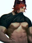  1boy abs bara bare_pectorals beanie clothes_in_mouth hat highres large_pectorals league_of_legends looking_ahead male_focus mouth_hold muscular muscular_male navel noomppan pectorals red_hair scar scar_on_face scar_on_nose sett_(league_of_legends) shirt_in_mouth short_hair smile solo strongman_waist thick_eyebrows upper_body 