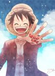  1boy ^_^ aco_peda black_hair closed_eyes cloud frilled_sleeves frills hat highres male_focus monkey_d._luffy one_piece red_shirt scar scar_on_chest scar_on_face shirt signature sky solo straw_hat upper_body 