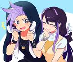  1boy 1girl bracelet duo earrings eyes_closed hiding jacket kurosaki_ruri multicolored_hair nns146 spiky_hair two-tone_hair yu-gi-oh! yuu-gi-ou_arc-v yuuto_(yuu-gi-ou_arc-v) 