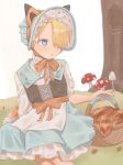  1boy :o aged_down animal_ears basket blonde_hair blue_dress blue_eyes blue_headwear blush chin_strap commentary cropped_legs curly_eyebrows dress flower_(symbol) fly_agaric fox_ears fox_tail frilled_dress frills grass highres leaf lily-summer-0607 lolita_fashion long_bangs looking_to_the_side male_focus mushroom one_piece open_mouth orange_ribbon petticoat ribbon sanji_(one_piece) short_hair short_sleeves simple_background sitting sweet_lolita tail tree white_background 