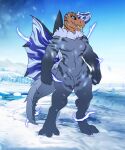 5:6 absurd_res anjanath black_sclera blue_body blue_eyes blue_scales breasts brown_body brown_scales brute_wyvern bunnynoah capcom digitigrade eyelashes featureless_breasts featureless_crotch female frill_(anatomy) fulgur_anjanath fur grey_body grey_fur grey_scales grey_stripes hi_res humanoid membrane_(anatomy) membranous_frill monster_hunter muscular muscular_female navel pupils scales sharp_teeth slit_pupils small_breasts smile solo stripes teeth thick_thighs wide_hips