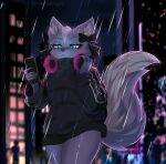 2024 5_fingers absurd_res aggretsuko anthro black_bow black_clothing black_fingernails black_jacket black_nose black_topwear blue_eyes blurred_background bow_accessory cellphone clothed clothing digital_media_(artwork) draenethyst electronics eyelashes female fingernails fingers fluffy fluffy_tail front_view fur headphones headphones_around_neck hi_res holding_cellphone holding_object holding_phone jacket jirai_kei mammal mephitid nails narrowed_eyes night outside pantsless phone purple_body purple_fur raining sanrio shikabane_(aggretsuko) skunk solo tail topwear