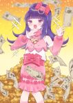  1girl :d absurdres banknote bare_shoulders blunt_bangs blush bow coin commentary_request feet_out_of_frame flipped_hair flower gold_necklace hair_bow hanazono_shuka hands_up highres hoshikuzu_(pinkholic) idol_clothes idol_time_pripara jewelry long_hair looking_at_viewer money money_rain necklace ojou-sama_pose ok_sign open_mouth pile_of_money pink_bow pink_flower pink_rose pink_shirt pink_skirt pink_sleeves ponytail pretty_series pripara purple_eyes purple_hair rose shirt skirt smile solo standing 