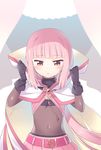  bangs blush braid gloves hood hood_down long_hair magia_record:_mahou_shoujo_madoka_magica_gaiden magical_girl mahou_shoujo_madoka_magica navel ooba_kagerou pink_eyes pink_hair skirt solo tamaki_iroha 