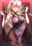  1girl absurdres black_leotard black_pantyhose blonde_hair blush braid breasts brown_eyes cape closed_mouth cowboy_shot elbow_gloves faye_(fire_emblem) fire_emblem fire_emblem_echoes:_shadows_of_valentia gloves hair_between_eyes highres large_breasts leotard long_hair looking_at_viewer pantyhose smile solo steaming_body sweat to_(tototo_tk) twin_braids white_gloves 