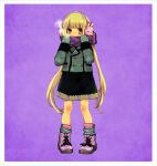  1girl blonde_hair blush boots breath brown_eyes comeco earmuffs full_body futaba_anzu idolmaster idolmaster_cinderella_girls jacket long_hair looking_at_viewer low_twintails mittens purple_background rabbit_earmuffs scarf skirt solo twintails very_long_hair winter_clothes 