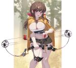  1girl absurdres arrow_(projectile) belt bird blush bow_(weapon) breasts brown_hair brown_shorts cleavage cloak compound_bow cowboy_shot eonsang falcon falcon_(girls&#039;_frontline) girls&#039;_frontline girls&#039;_frontline_neural_cloud hair_ribbon highres holding holding_bow_(weapon) holding_weapon hood hooded_cloak knee_pads large_breasts long_hair looking_at_viewer navel open_mouth panty_straps red_eyes red_ribbon ribbon short_shorts shorts single_knee_pad solo strapless thighs tube_top twintails weapon white_tube_top yellow_cloak 