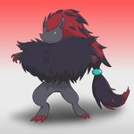  2017 abra_the_kadabra ambiguous_gender claws digital_media_(artwork) feral frown fur green_eyes grey_fur grey_hair hair hi_res long_hair multicolored_hair nintendo pok&eacute;mon red_claws red_hair simple_background solo standing two_tone_hair video_games zoroark 