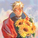  1boy ^_^ absurdres blonde_hair bouquet closed_eyes english_commentary highres holding holding_bouquet jacket male_focus prcrstncn red_jacket sky smile solo sunglasses trigun trigun_stampede turtleneck upper_body vash_the_stampede 