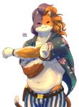 :3 absurd_res andre_roart anthro belt bottomwear bracelet calico_cat clothing domestic_cat epic_games felid feline felis flowing_hair fortnite fur gun_holster hair hi_res jacket jewelry male mammal multicolored_body multicolored_fur multicolored_hair purradise_meowscles shorts solo solo_focus stretching_arms tail topwear