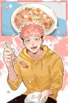  1boy black_pants cowboy_shot food fork highres holding holding_fork hood hoodie itadori_yuuji jujutsu_kaisen k_ma_cy light_blush light_smile long_sleeves looking_at_viewer male_focus open_mouth orange_eyes pants pasta pink_hair plate short_hair solo spaghetti teeth tongue twitter_username undercut yellow_hoodie 