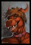 2017 anthro black_border border brown_eyes bust_portrait clothed clothing collar digital_media_(artwork) digital_painting_(artwork) dragon dragonfer fangs front_view grey_background hair horn lighting looking_at_viewer male open_mouth open_smile portrait quirachen red_body red_horn short_hair signature simple_background smile solo striped_body stripes textured_background topless two_tone_body yellow_stripes 