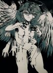  1girl black_blood blood blood_on_body blood_on_face blood_on_hands body_horror breasts completely_nude cropped_legs happy_saint_sheol highres horizontal_pupils ink looking_at_viewer maya_elbeth medium_breasts medium_hair monochrome multiple_hands nude smile solo unknown_sakaki wings 