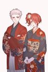 1boy 1girl bandaid bandaid_on_face bandaid_on_forehead black_kimono blush closed_mouth cowboy_shot crossed_arms fiori_(fiofiori_) floral_print floral_print_kimono flower grey_hair hair_flower hair_ornament hair_over_one_eye hakama hakama_pants highres japanese_clothes kimono kirijou_mitsuru long_hair long_sleeves looking_at_another obi own_hands_together pants parted_lips persona persona_3 persona_3_reload print_kimono red_eyes red_hair red_lips sanada_akihiko sash short_hair simple_background wide_sleeves 