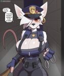 anthro biped breasts cleavage clothed clothing cooliehigh dialogue female front_view fur hi_res mammal murid murine officer_flint_(foretbwat) rat red_eyes rodent solo speech_bubble white_body white_fur
