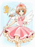  1girl bow bowtie brown_eyes cardcaptor_sakura dress green_eyes highres holding holding_wand kero kinomoto_sakura looking_at_viewer magical_girl open_mouth pink_bow pink_bowtie pink_dress pink_headwear short_hair smile solo takahashi_mizuki wand wings 