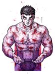  1boy abs belt berserk blood blood_in_hair blood_on_clothes blood_on_face blood_on_hands blood_splatter character_name commentary english_commentary guts_(berserk) highres limited_palette male_focus muscular muscular_male pectorals renedraws scar scar_on_arm scar_on_face scar_on_nose solo topless upper_body 