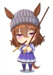  1girl 2-butani absurdres animal_ears beanie blush brown_footwear brown_hair chibi commentary_request ear_ornament ears_through_headwear food food_in_mouth full_body grey_headwear hair_between_eyes hat highres holding holding_food holding_pocky horse_ears horse_girl horse_tail loafers long_hair long_sleeves looking_at_viewer nakayama_festa_(umamusume) pleated_skirt pocky pocky_in_mouth purple_eyes purple_serafuku purple_shirt purple_skirt purple_thighhighs school_uniform serafuku shirt shoes simple_background skirt solo tail thighhighs tracen_school_uniform umamusume white_background winter_uniform 