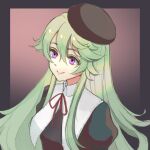  1girl beret black_border border eiyuu_densetsu green_hair hair_between_eyes hat highres long_hair musse_egret portrait purple_eyes riwancece_428 sen_no_kiseki sen_no_kiseki_iv sidelocks simple_background two-tone_background upper_body 