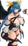  1girl absurdres angel_wings asymmetrical_wings bare_shoulders belt black_panties black_thighhighs blue_hair breasts cleavage cleavage_cutout clothing_cutout collarbone detached_collar detached_sleeves dizzy_(guilty_gear) from_above guilty_gear guilty_gear_xrd hair_between_eyes hair_ribbon hair_rings hand_on_own_chest highres large_breasts long_hair mature_female midriff monster_girl navel panties parted_lips red_eyes ribbon sidelocks simple_background skindentation souma_(so_u_maaaaa) squirrel thick_thighs thighhighs thighs twintails underwear very_long_hair white_background wide_sleeves wings yellow_ribbon 