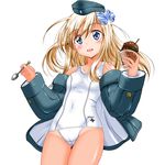  black_jacket blonde_hair blue_eyes bow covered_navel cowboy_shot food garrison_cap hair_bow hat ice_cream jacket kantai_collection long_hair mikuri_ouda one-piece_swimsuit one-piece_tan school_swimsuit simple_background solo spoon striped striped_bow swimsuit tan tanline u-511_(kantai_collection) white_background white_school_swimsuit white_swimsuit 