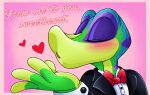 2021 8-bit-britt anthro black_clothing black_suit black_topwear blowing_kiss blush blush_lines bow_tie clothing digital_media_(artwork) english_text eyes_closed gecko gex_(series) gex_the_gecko green_body green_scales hi_res holidays lizard male multicolored_body multicolored_scales purple_body purple_scales red_bow_tie reptile scales scalie shirt solo suit text topwear valentine&#039;s_day valentine&#039;s_day_card white_clothing white_shirt white_topwear