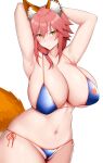  1girl animal_ear_fluff animal_ears arind_yudha bare_shoulders bikini blue_bikini blush breasts cleavage collarbone fate/grand_order fate_(series) fox_ears fox_tail highres large_breasts long_hair looking_at_viewer navel pink_hair solo swimsuit tail tamamo_(fate) tamamo_no_mae_(swimsuit_lancer)_(fate) thighs yellow_eyes 
