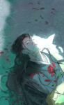  1boy black_hair black_kimono blood blood_on_face earrings flower getou_suguru highres injury japanese_clothes jewelry jujutsu_kaisen kimono lips long_hair lying on_back petals red_flower red_rose rose rose_petals solo stud_earrings tile_floor tiles yuli221967 